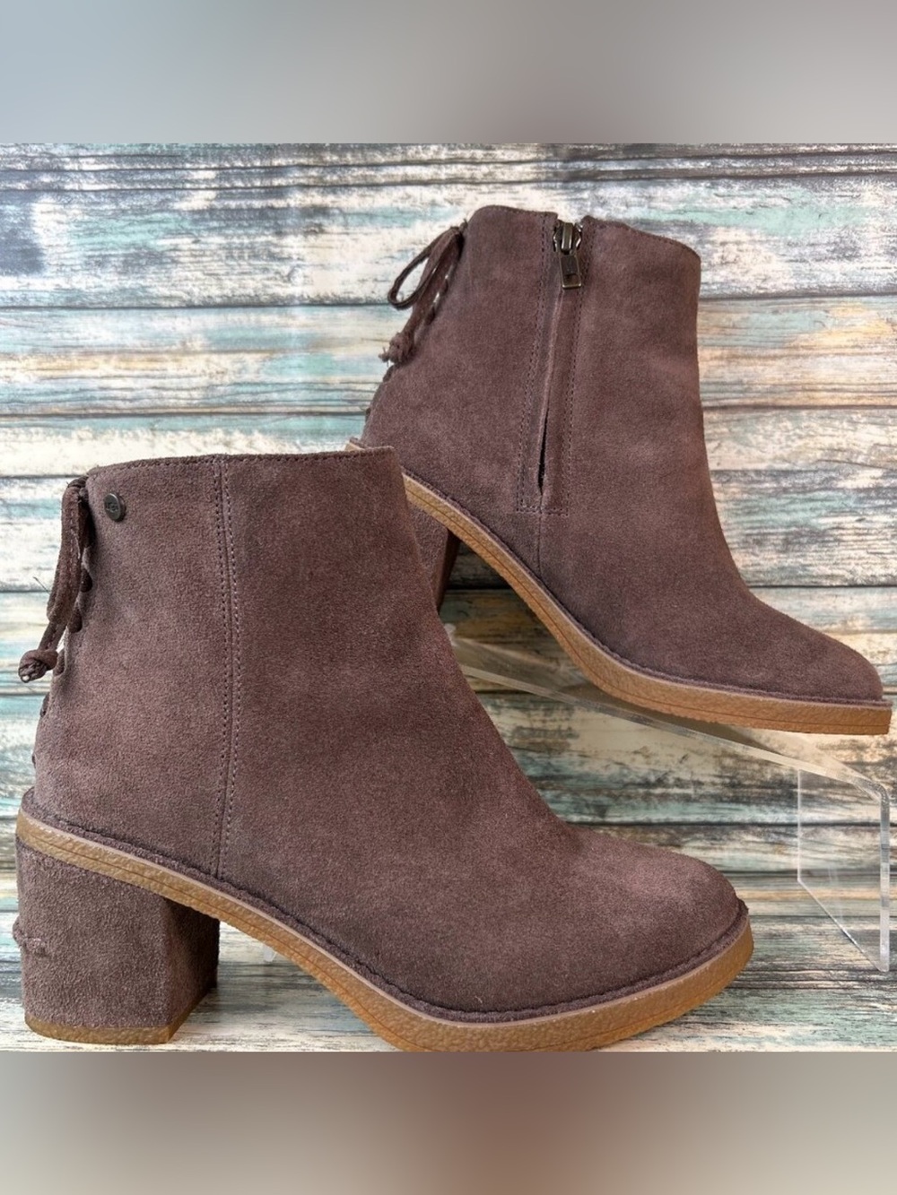 UGG Faux Corset Tie Ankle Boot Womens Size 6 Brown Suede Zip Up Block Heel
